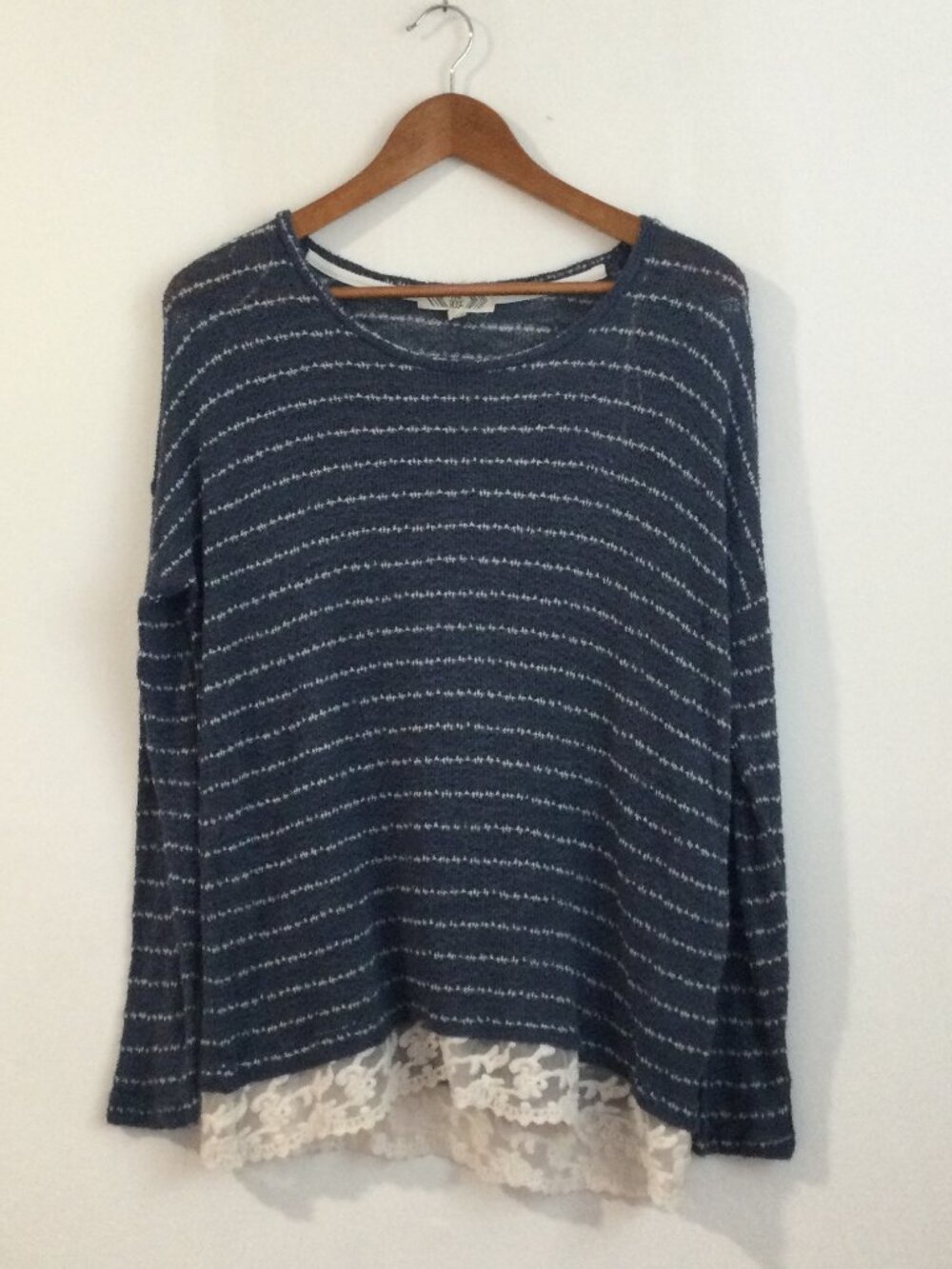 Blue & White Striped Bohemian Long-sleeve knit top Crochet lace hem Large